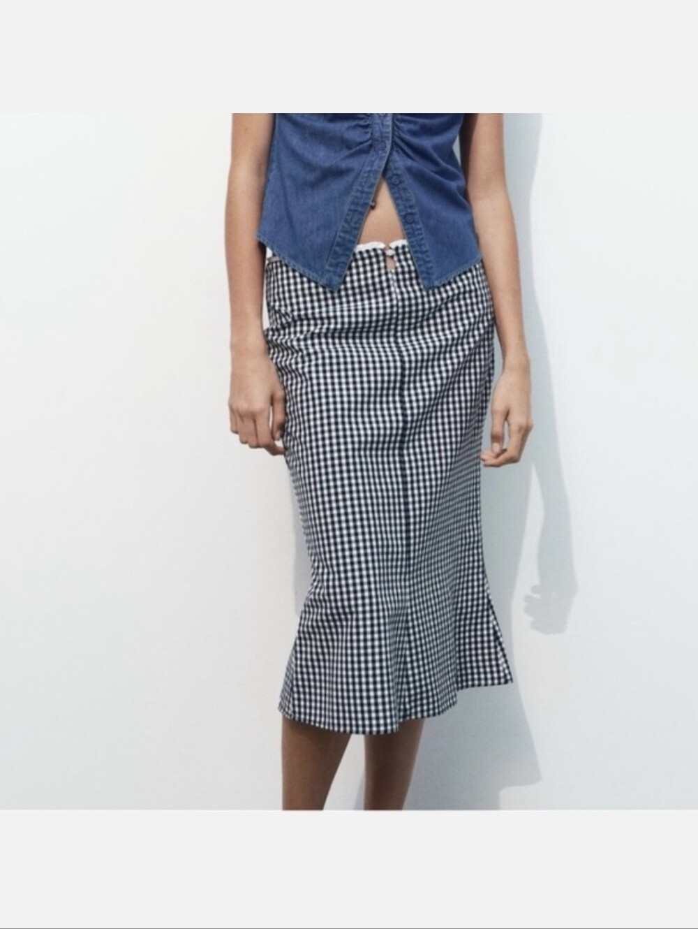 Zara Blue Dark and White Gingham Midi Skirt